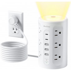 Power Strip Tower with Night Light, 15W Surge Protector Power Strip with USB Ports, 10 FT Extension Cord with Multiple Outlets (12AC+3A+2C) for Home Office Desk DormRoom (White)