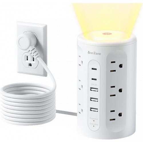 Power Strip Tower with Night Light, 15W Surge Protector Power Strip with USB Ports, 10 FT Extension Cord with Multiple Outlets (12AC+3A+2C) for Home Office Desk DormRoom (White)