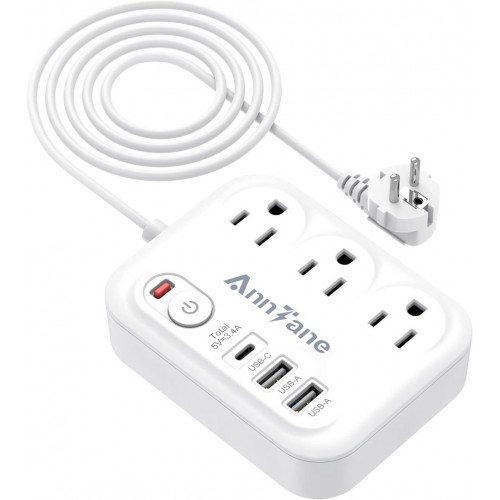 European Travel Plug Adapter with USB C, 6FT Extension Cord, US to Europe Plug Adapter with 3 Outlets 3 USB Ports for EU Spain France Germany Iceland Greece Travel