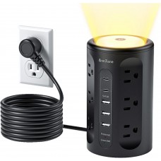 Power Strip Tower with Night Light, Power Strip Surge Protector with USB Ports, Extension Cord 10 FT with Multiple Outlets (12AC+3A+2C) for Home Office Desk DormRoom (Black)