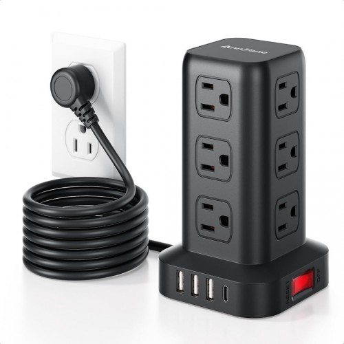 Surge Protector Power Strip 6.5 FT Cord, Power Strip Tower with 4 USB Ports (1USB C), Extension Cord with 12 AC Multiple Outlets, Home Office Supplies Desk Accessories, Dorm Room Essentials