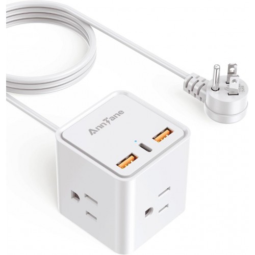 AnnTane Power Strip, 30W USB Multi-Outlet Charger, Extension Cable with 3 AC 1250W and 3 USB Charging Ports (White, 2.98M)