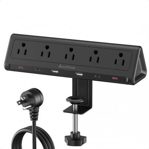 Desk Clamp Power Strip, 40W Desk Edge Mount Power Strip, 4 PD 20W USB C Ports Total Fast Charging Station, 5 AC Outlets 6 USB Ports, 1250J Surge Protector, Fit 2.6" Tabletop Edge (Black, 10 FT)